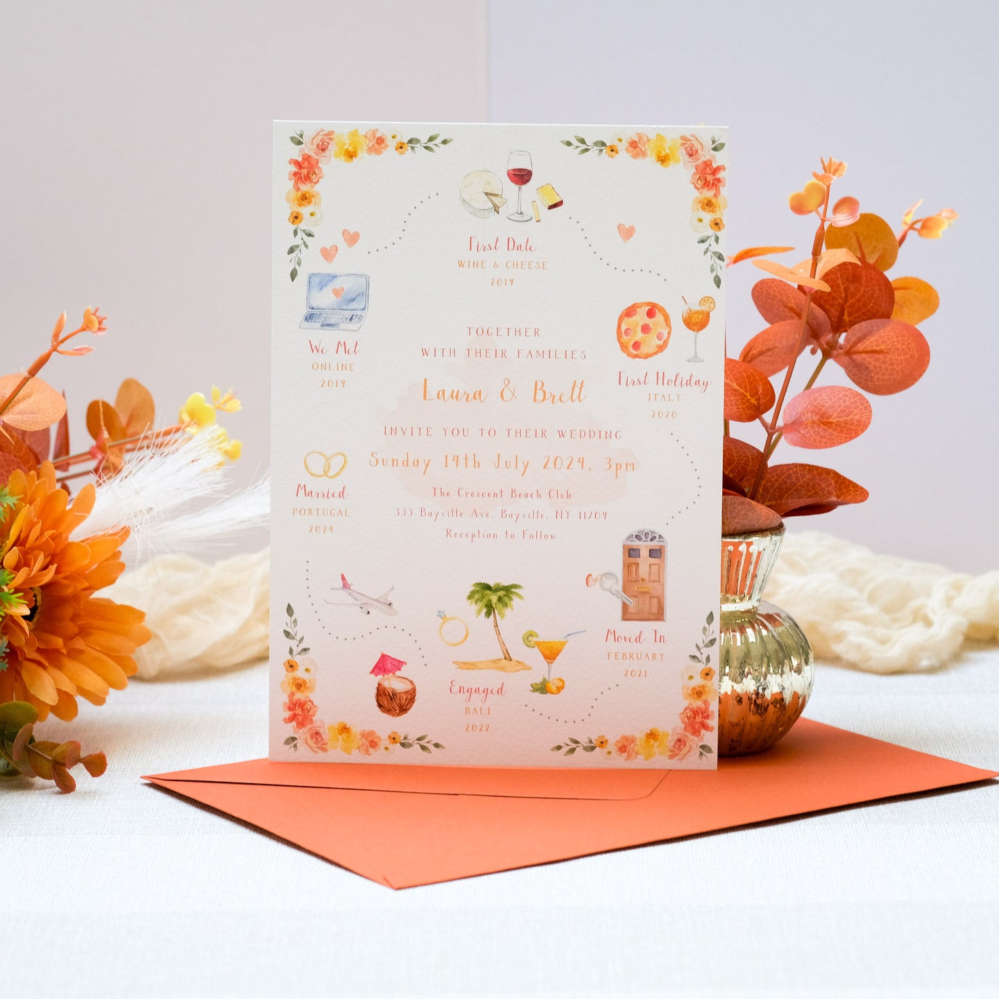 Custom wedding invitations with hand painted illustrations of your relationship timeline, and orange floral border